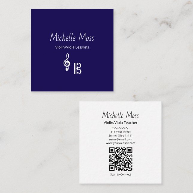 Violin Viola Music Lessons QR code Simple Blue  Square Business Card (Front/Back)