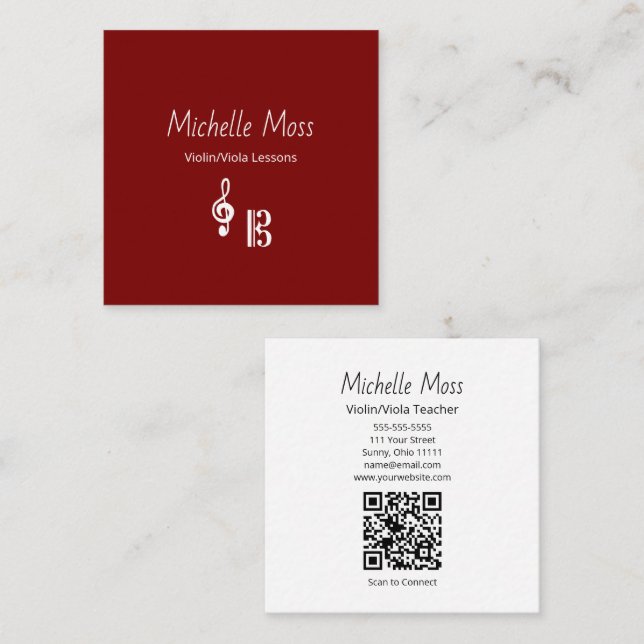 Violin Viola Music Lessons QR code Simple Red  Square Business Card (Front/Back)