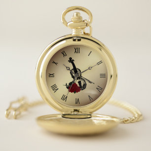 Violin w Roman Numerals Gold Pocket Watch