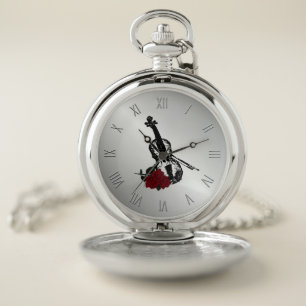 Violin w Roman Numerals Silver Pocket Watch
