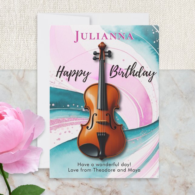 Violin Watercolor Swirls Music-Themed Birthday Card (A birthday card with picture of a violin on pink and turquoise swirls, with custom name and message)