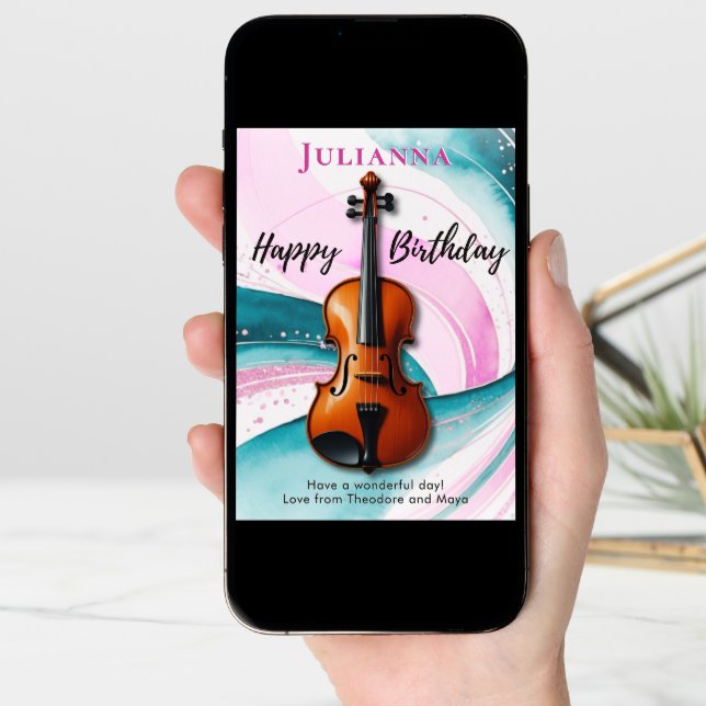 Violin Watercolor Swirls Music-Themed Birthday Card (Front Digital)