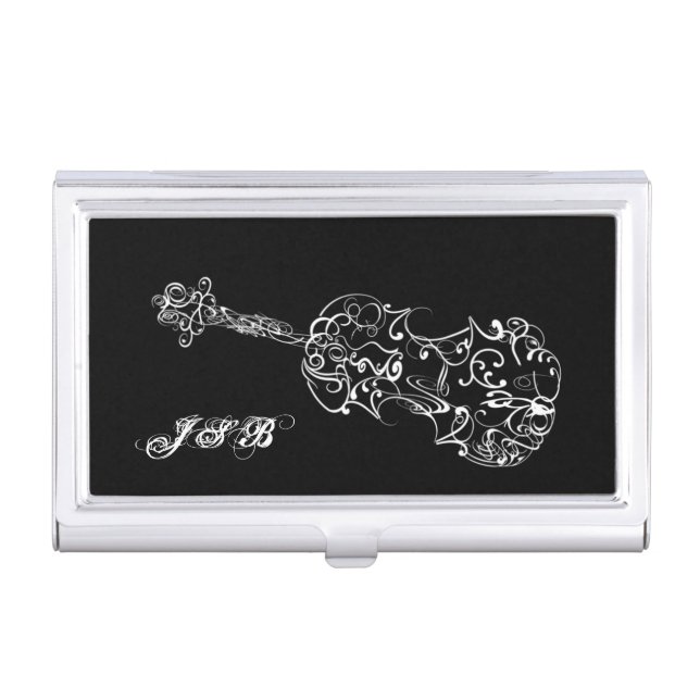 Violin White Line Drawing, Customizable Initials Business Card Case (Front)