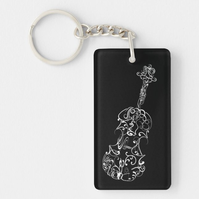 Violin White Line Drawing on Black Keychain (Front)