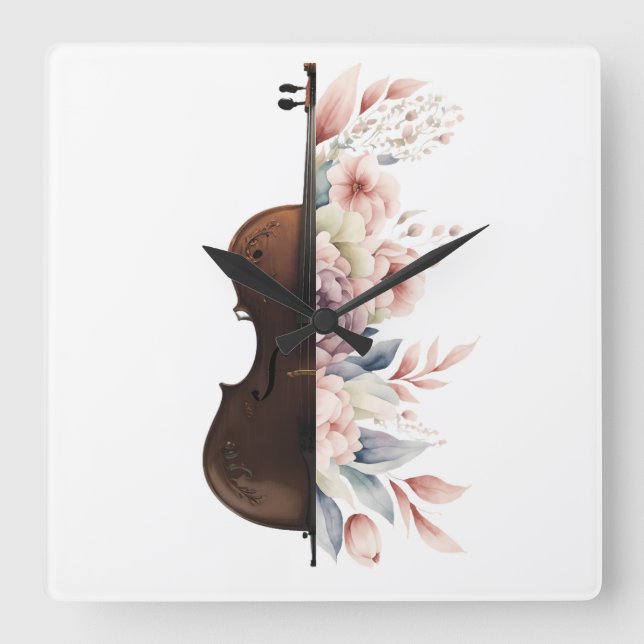 Violin with flowers. square wall clock (Front)