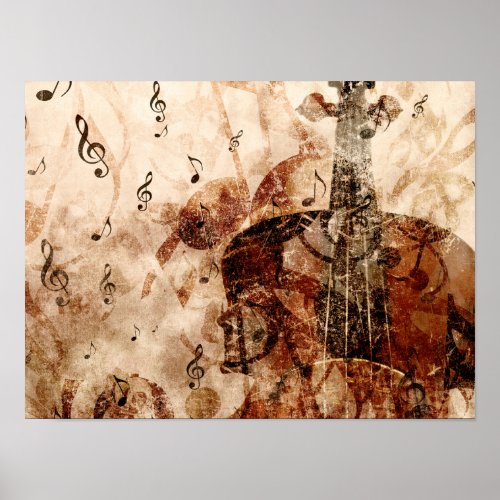 Violin with music notes vintage music illustration poster