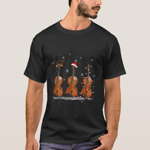 Violin With Reindeer Horn Xmas Light Santa Hat In  T_Shirt