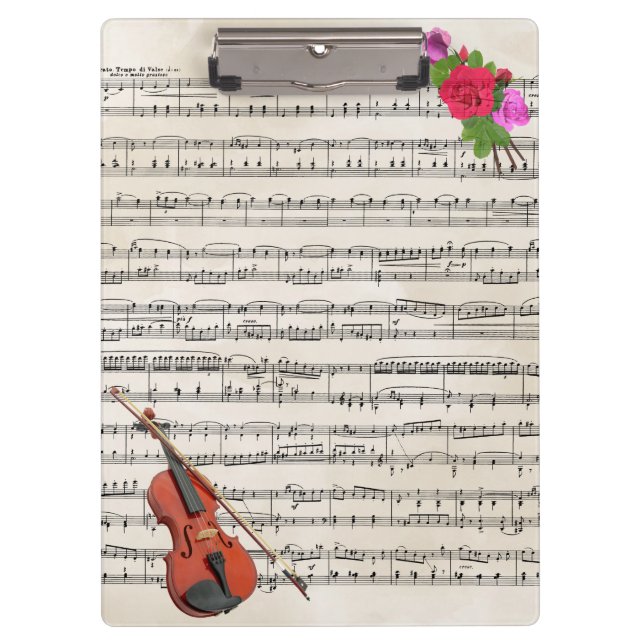 Violin With Vintage Sheet Music and Roses Clipboard (Front)