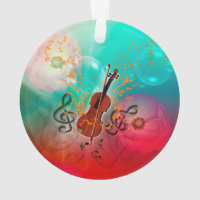 Violin with violin bow with clef and key notes ornament