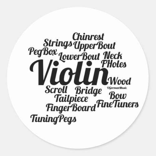 Violin Word Cloud Black Text Classic Round Sticker