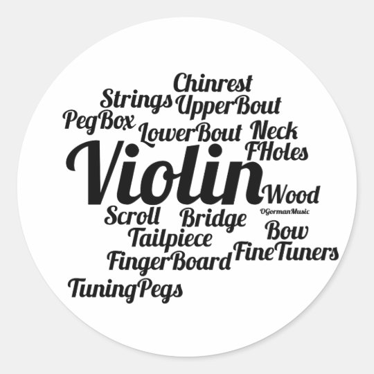 Violin Word Cloud Black Text Classic Round Sticker