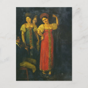 Violinist and three women dancing postcard