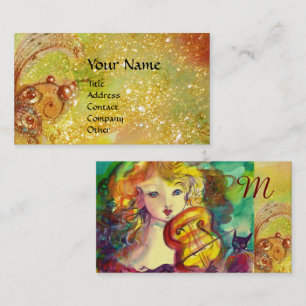 VIOLINIST GIRL PLAYING VIOLIN,GOLD YELLOW MONOGRAM BUSINESS CARD