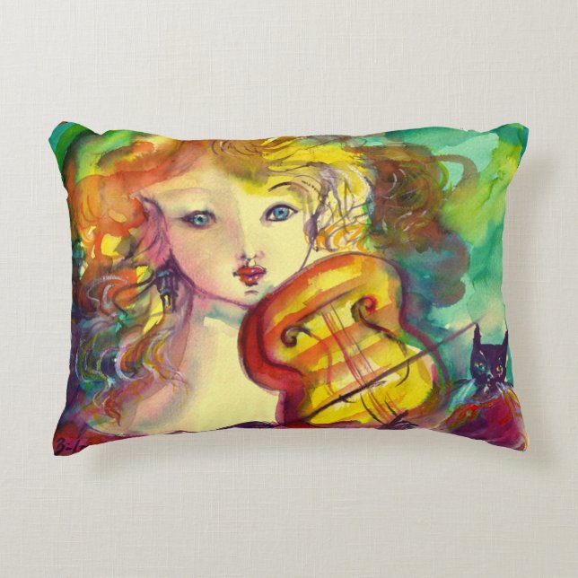 VIOLINIST GIRL ,VIOLIN  AND CAT ACCENT PILLOW (Front)