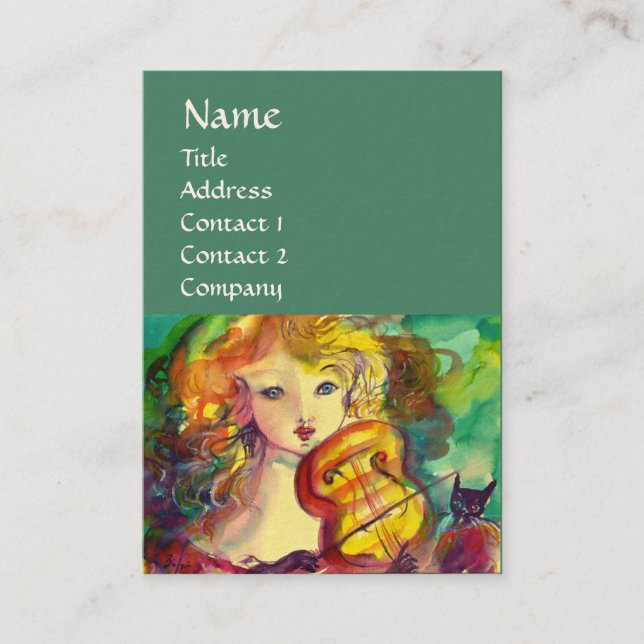 VIOLINIST GIRL ,VIOLIN  AND CAT BUSINESS CARD (Front)