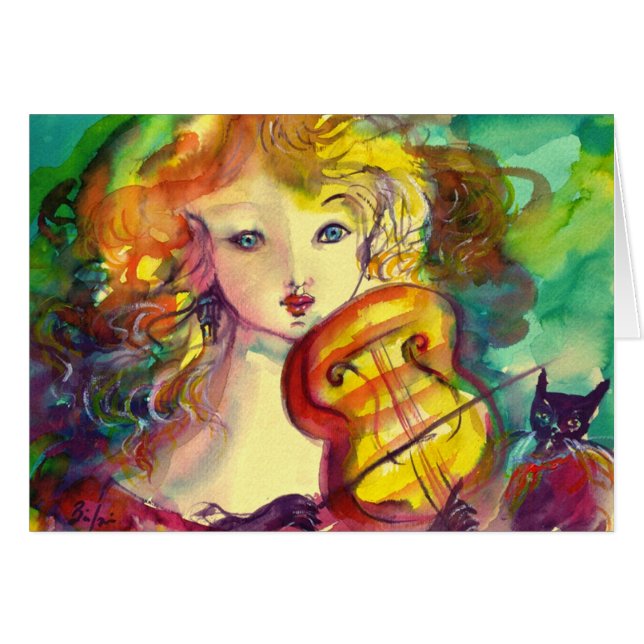 VIOLINIST GIRL ,VIOLIN  AND CAT CARDS (Front Horizontal)