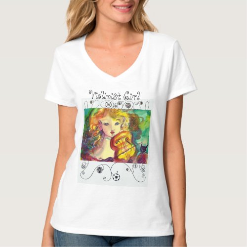 VIOLINIST GIRL VIOLIN  AND CAT Geometric Swirls T_Shirt