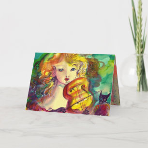 VIOLINIST GIRL ,VIOLIN AND CAT Get Well Soon Card