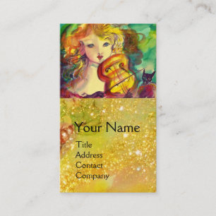 VIOLINIST GIRL VIOLIN AND CAT/GOLD YELLOW MONOGRAM BUSINESS CARD