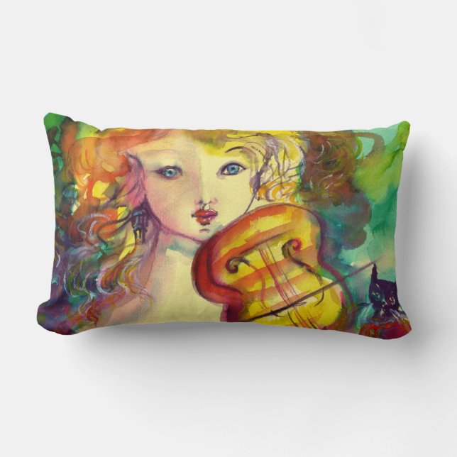 VIOLINIST GIRL ,VIOLIN  AND CAT LUMBAR PILLOW (Front)