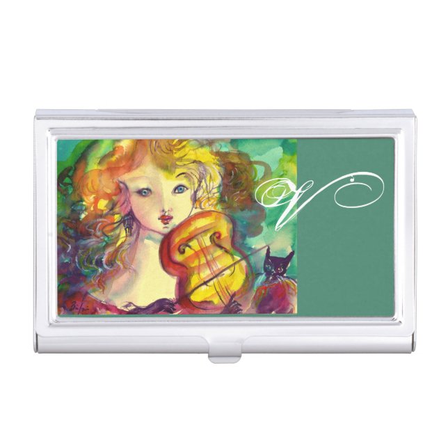 VIOLINIST GIRL ,VIOLIN  AND CAT MONOGRAM BUSINESS CARD HOLDER (Front)