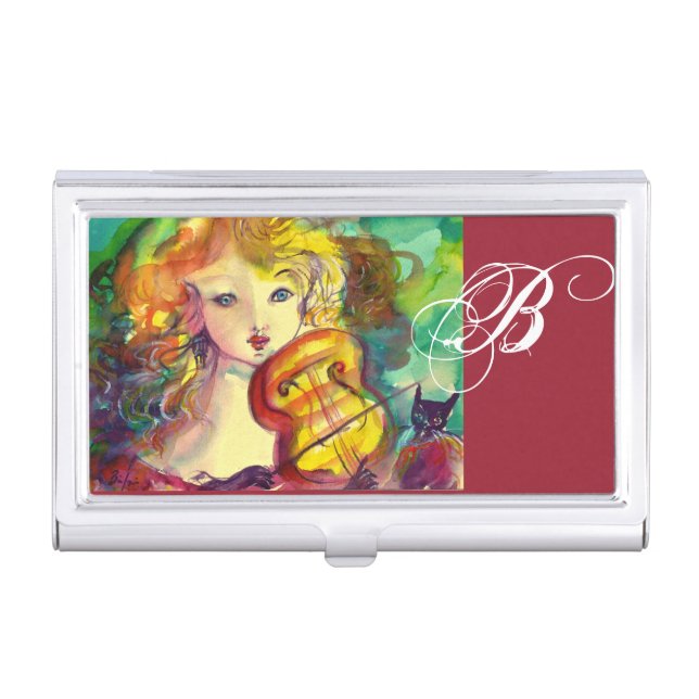 VIOLINIST GIRL ,VIOLIN  AND CAT MONOGRAM BUSINESS CARD HOLDER (Front)