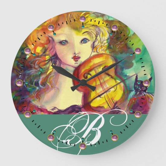 VIOLINIST GIRL ,VIOLIN  AND CAT MONOGRAM LARGE CLOCK