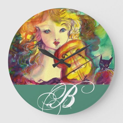 VIOLINIST GIRL VIOLIN  AND CAT MONOGRAM LARGE CLOCK