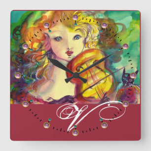 VIOLINIST GIRL ,VIOLIN AND CAT MONOGRAM SQUARE WALL CLOCK