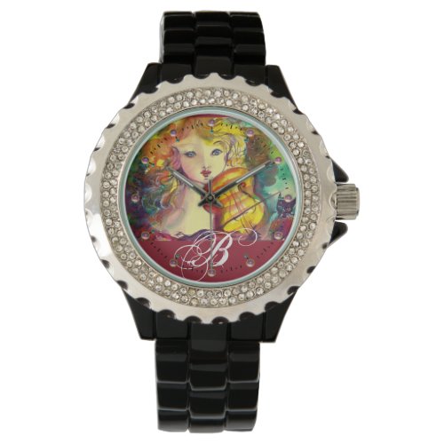 VIOLINIST GIRL VIOLIN  AND CAT MONOGRAM WATCH