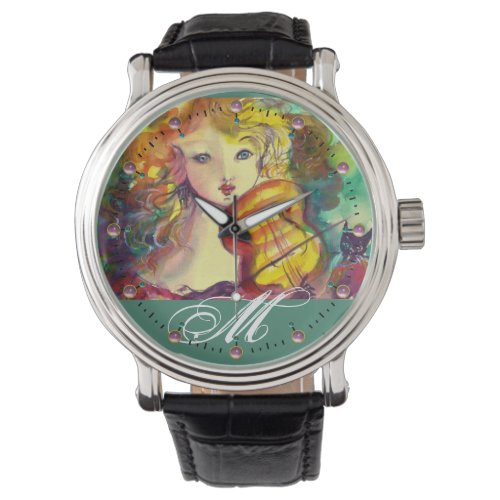 VIOLINIST GIRL VIOLIN  AND CAT MONOGRAM WATCH