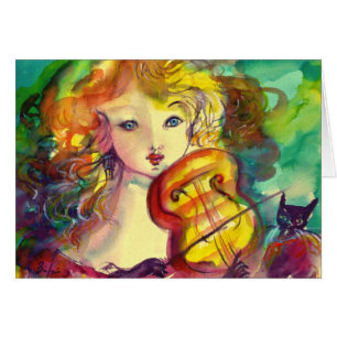 VIOLINIST GIRL ,VIOLIN  AND CAT Mother's Day Cards