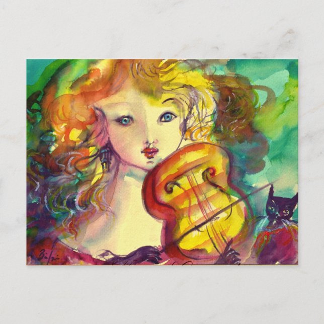 VIOLINIST GIRL ,VIOLIN  AND CAT POSTCARD (Front)
