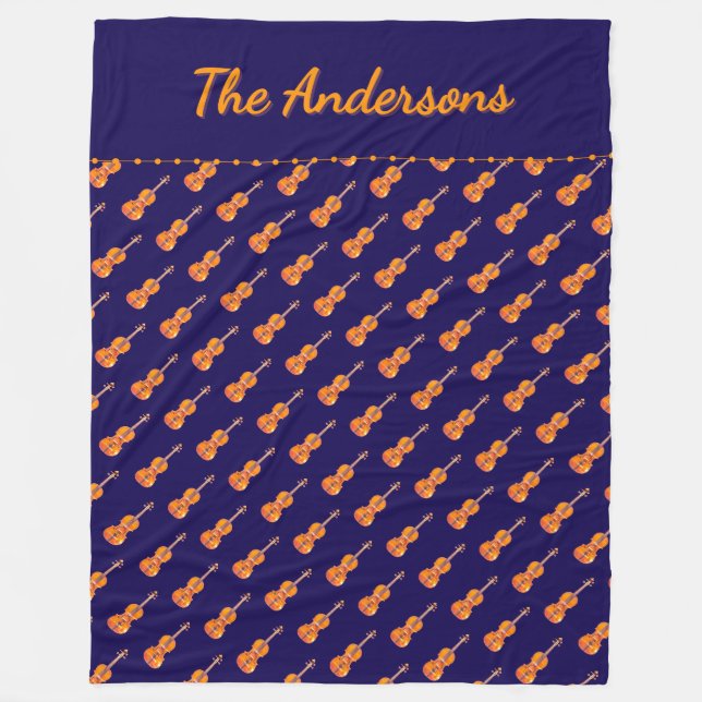 Violins Music Themed Pattern Navy Personalized Fleece Blanket (Front)
