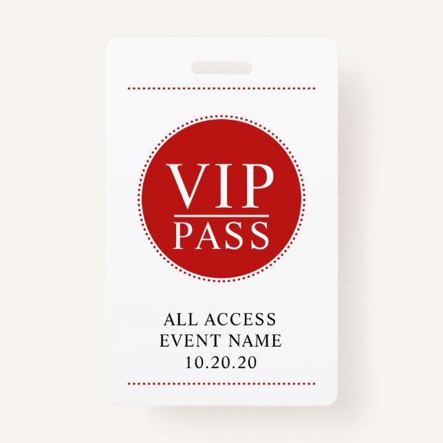 VIP All Access Event Simple Red White Badge (Front)