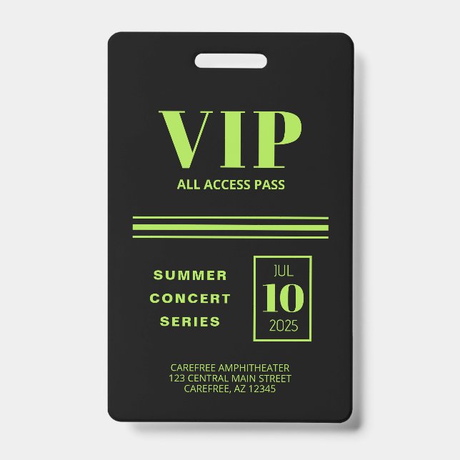 VIP All Access Fluorescent Green Badge (Front)