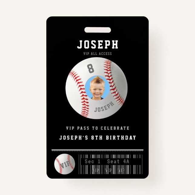 VIP Baseball Pass Custom Photo Birthday Party Badge (Front)