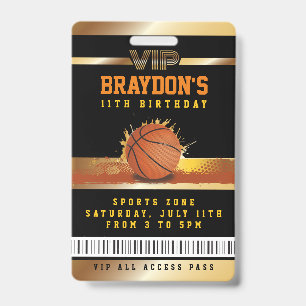 VIP Basketball Birthday ALL ACCESS Gold Pass Badge