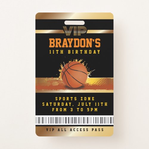 VIP Basketball Birthday ALL ACCESS Gold Pass Badge