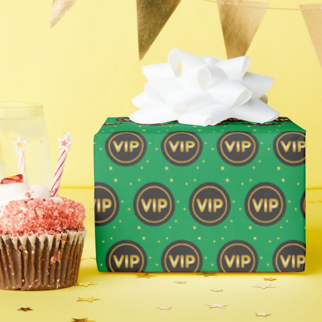 VIP gold on black circle pattern on green Wrapping Paper (Birthday Party)
