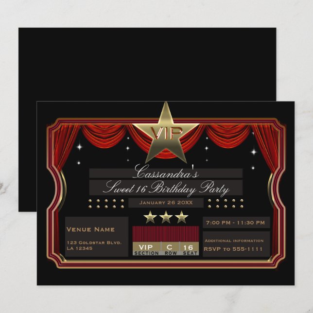 VIP Gold Star Red & Black Elegant Birthday Party Invitation (Front/Back)