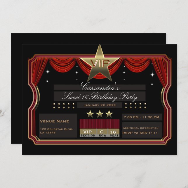 VIP Gold Star Red & Black Elegant Birthday Party Invitation (Front/Back)