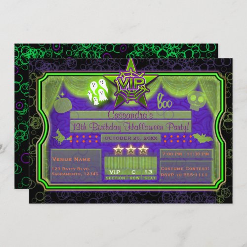 VIP Halloween Green  Purple Glow Birthday Party Invitation