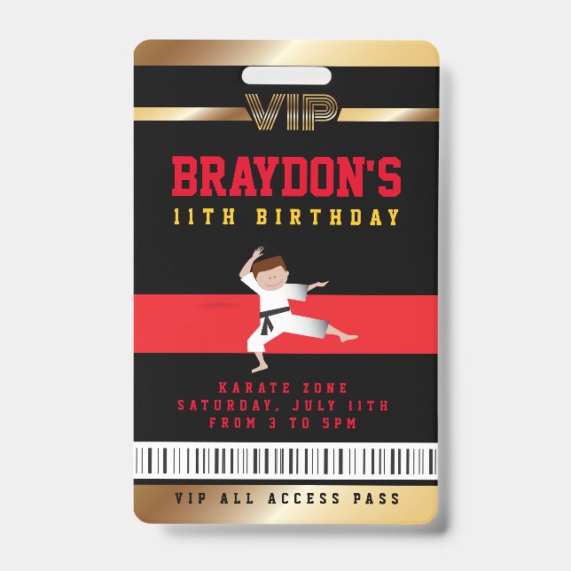 VIP Karate Birthday ALL ACCESS Gold Pass Badge (Front)