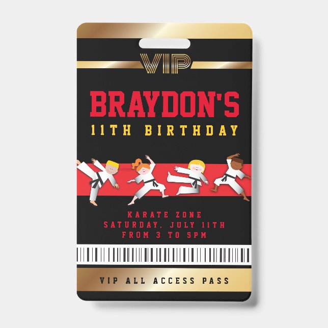 VIP Karate Birthday ALL ACCESS Gold Pass Badge (Front)
