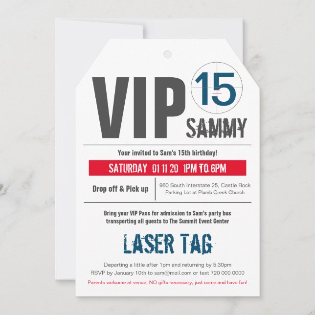 VIP LASER TAG red invitation (Front)