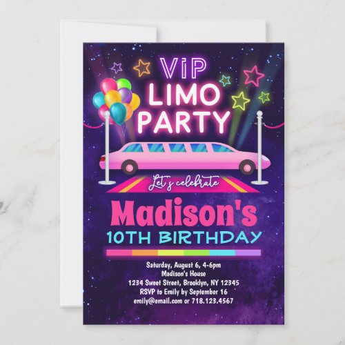 VIP Limo Party Birthday Invitation Rainbow Colors