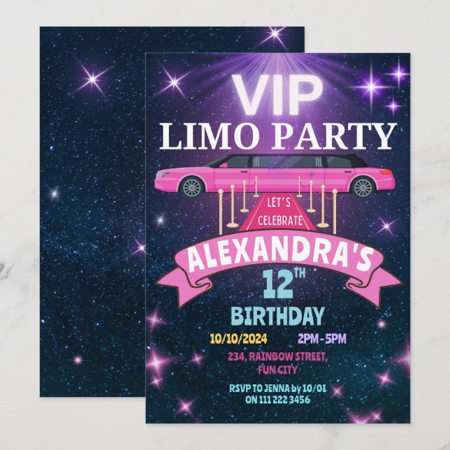 VIP Limo Party Birthday Party Girl Invitation (Front/Back)