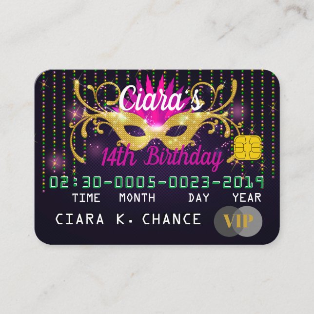 VIP Masquerade Birthday Credit Card Invitations (Front)