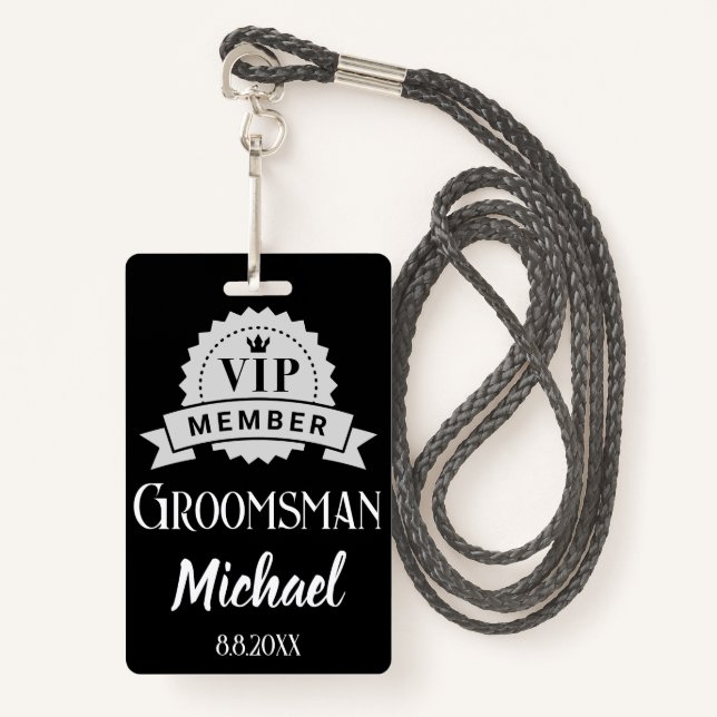 vip member groomsman personalized wedding black badge (Front with Lanyard)